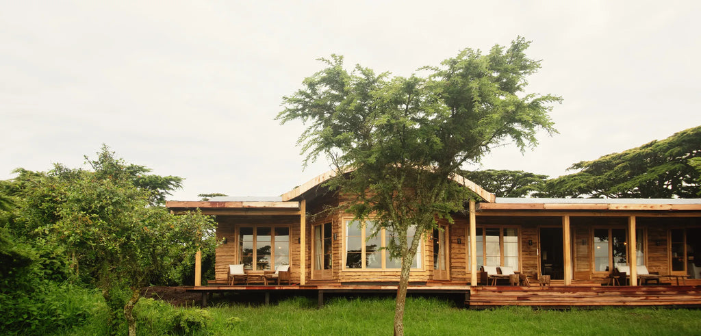 A view of the front of the Entamanu mess at Entamanu Ngorongoro, Ngorongoro Crater, Tanzania.