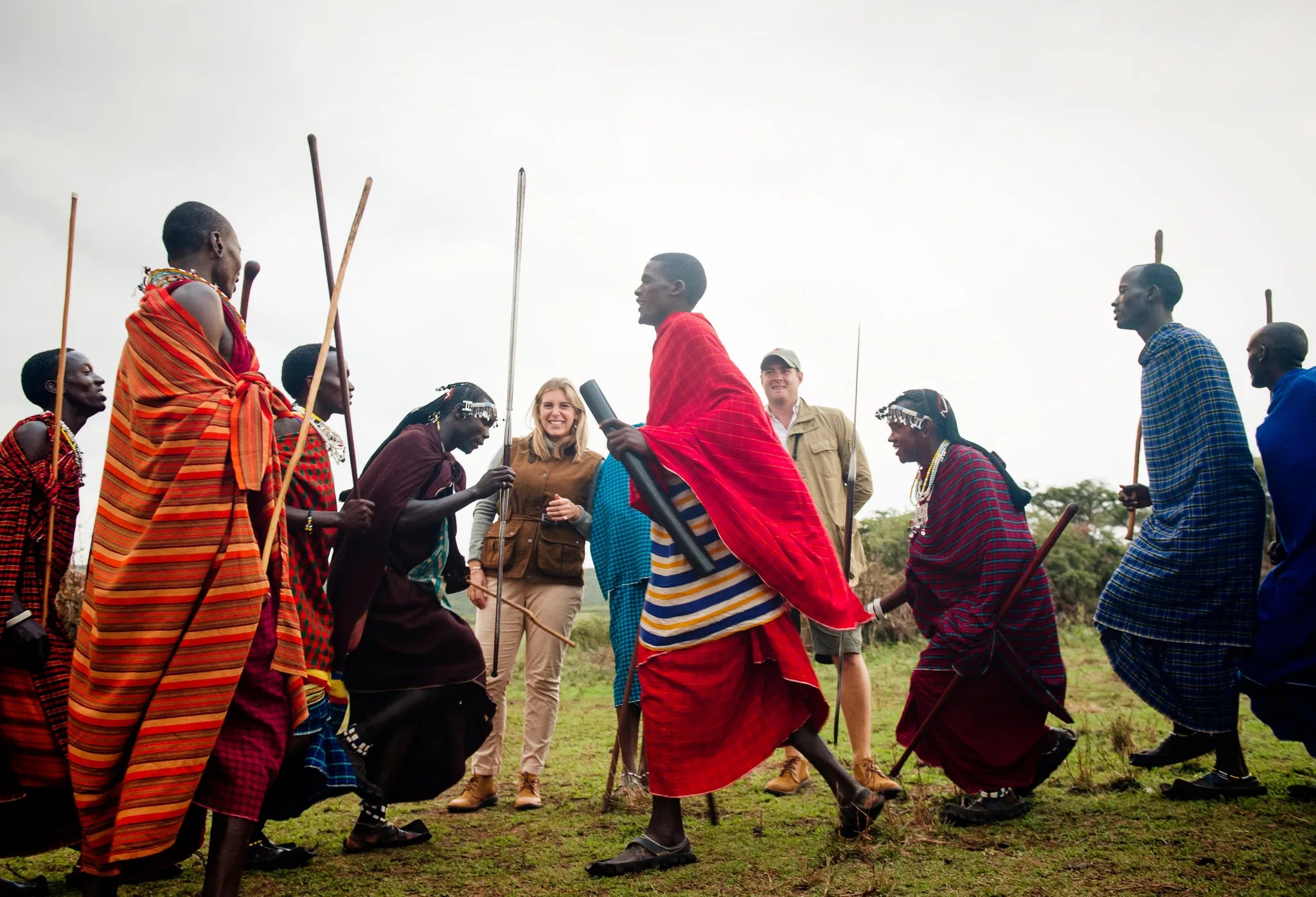 Maasai dance with guests at Entamanu Ngorongoro, Ngorongoro Crater, Tanzania.