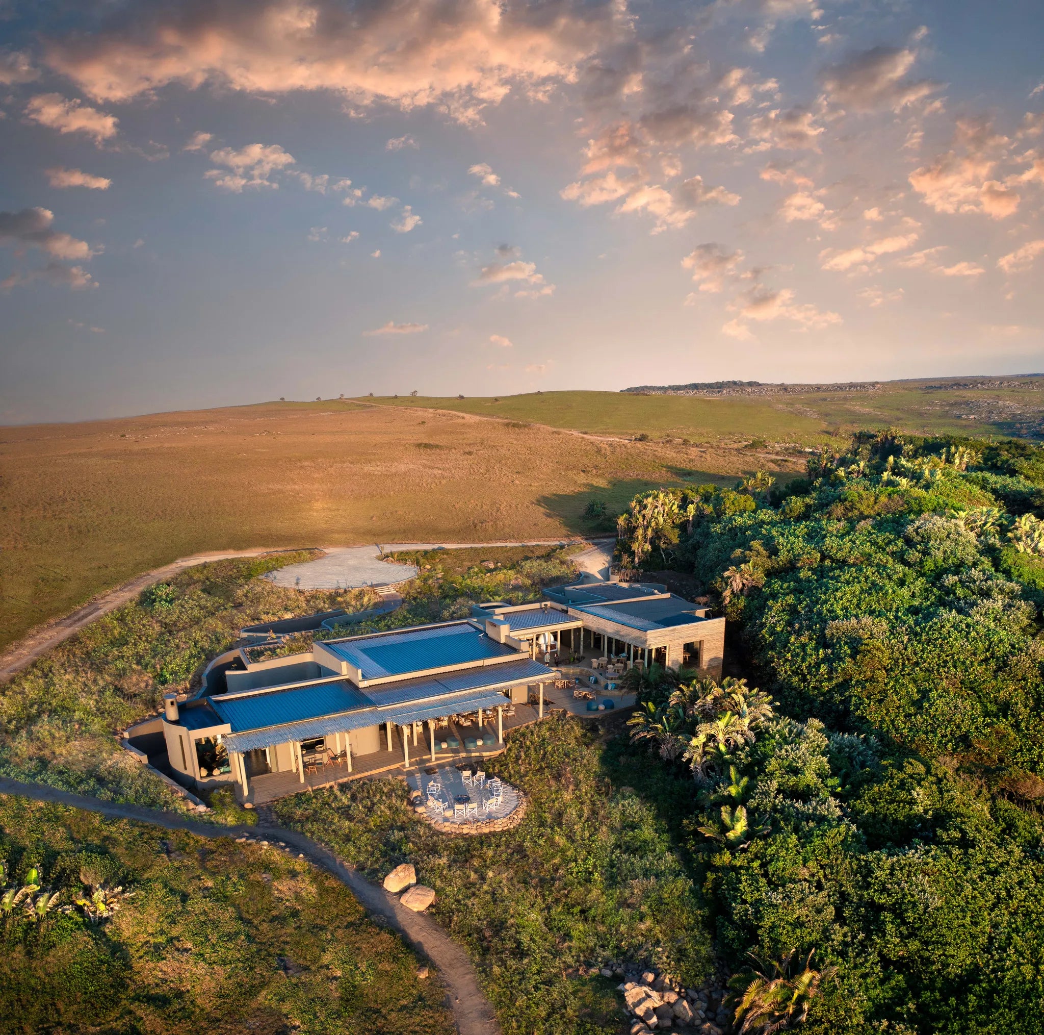 aerial of main area at GweGwe Beach Lodge, The Wild Coast, South Africa.