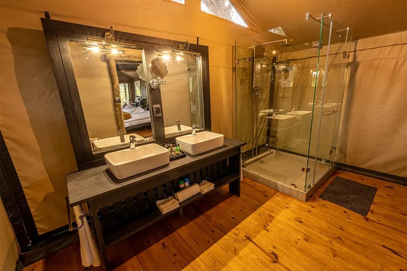 Luxury tent - Bathroom at Hideaways Mogotlho Safari Lodge, Khwai River, Khwai, Botswana.