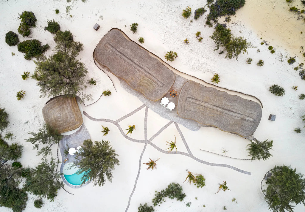 Guest residence from above at Kisawa Sanctuary, Benguerra Island, Mozambique.