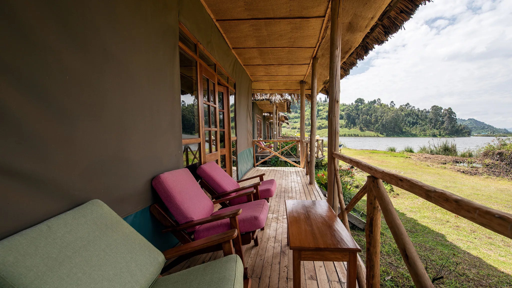 balcony view with a lake at Lake Chahafi Resort, Mgahinga Gorilla National Park, Uganda.