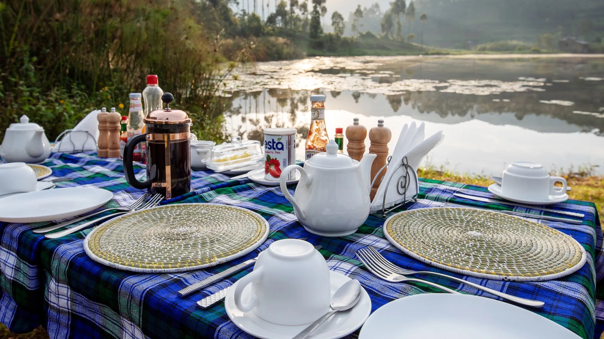 breakfast set up at Lake Chahafi Resort, Mgahinga Gorilla National Park, Uganda.