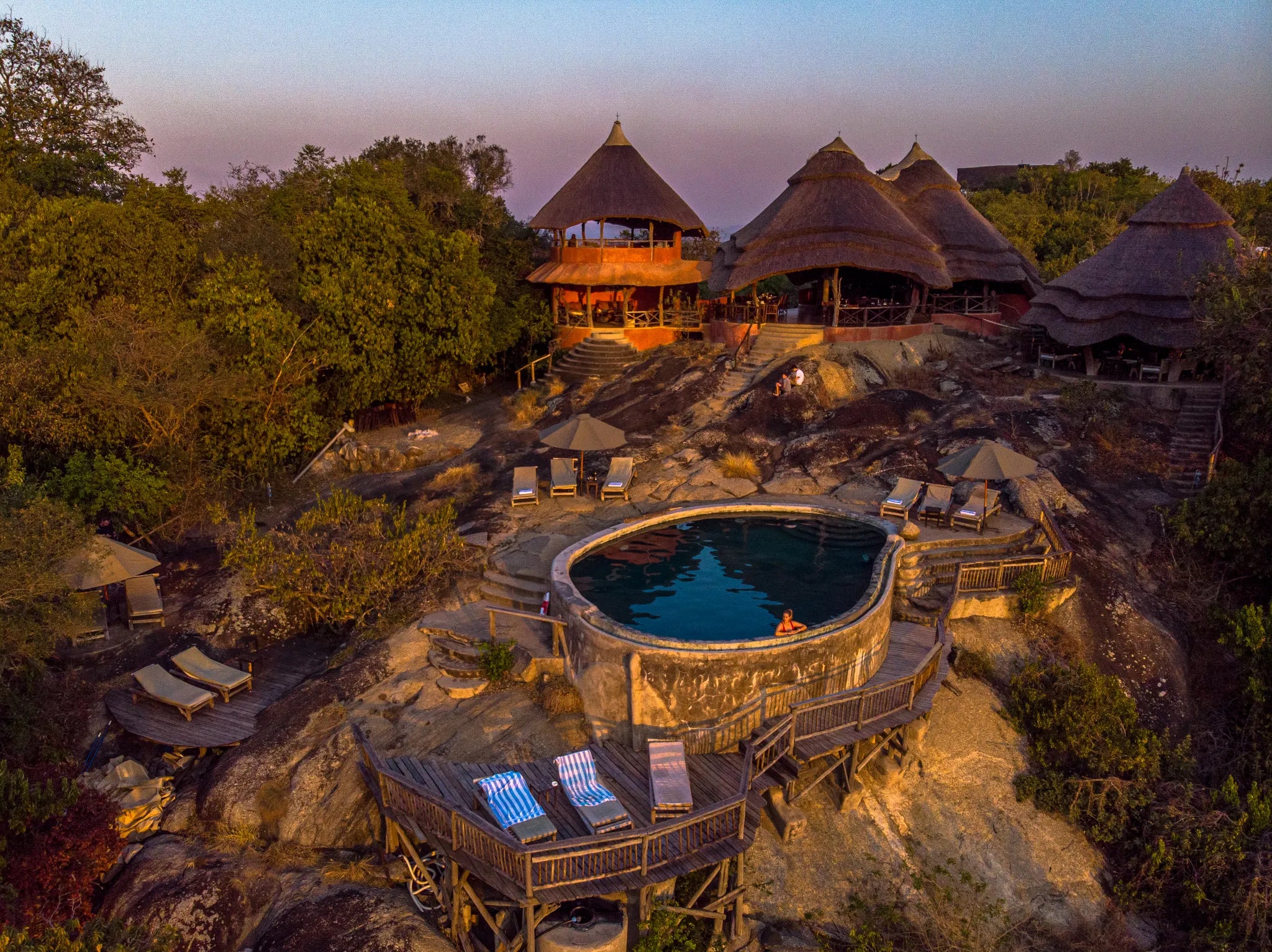 Mihingo Lodge with Pool at Mihingo Lodge, Lake Mburo National Park, Uganda.