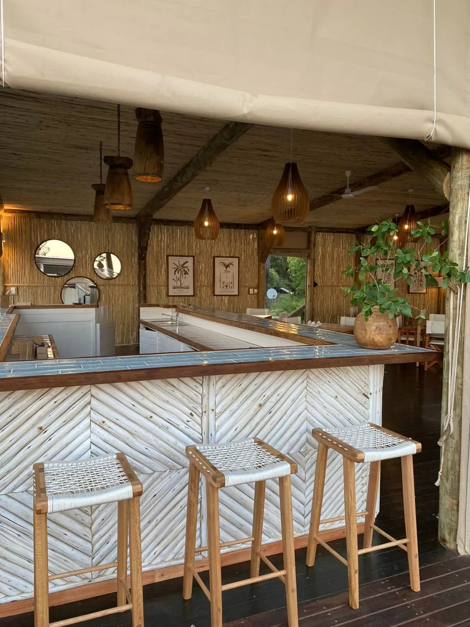 Bar with stunning views over Weboro Lagoon at Mopiri, Okavango Panhandle, Botswana.