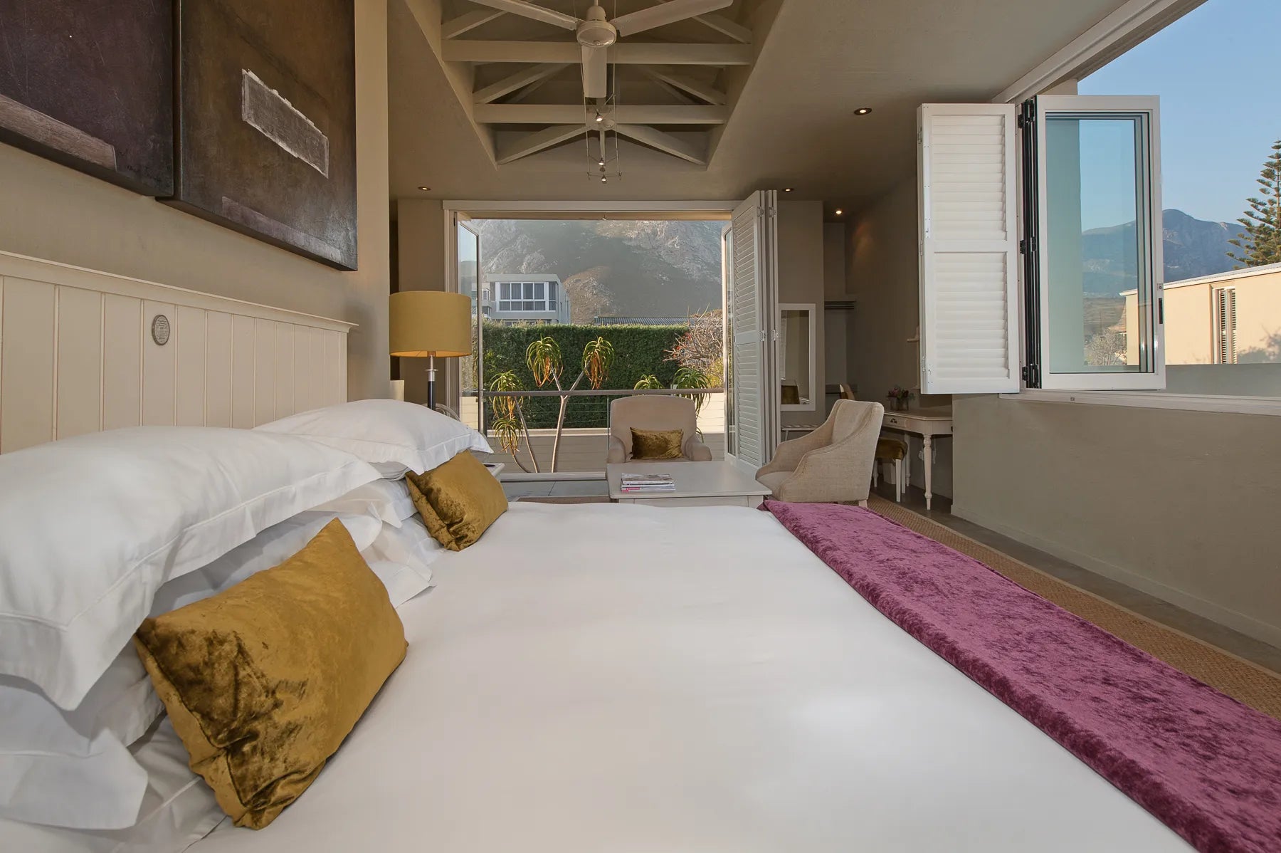 Olive deluxe room at Mosselberg on Grotto Beach, Hermanus, South Africa.