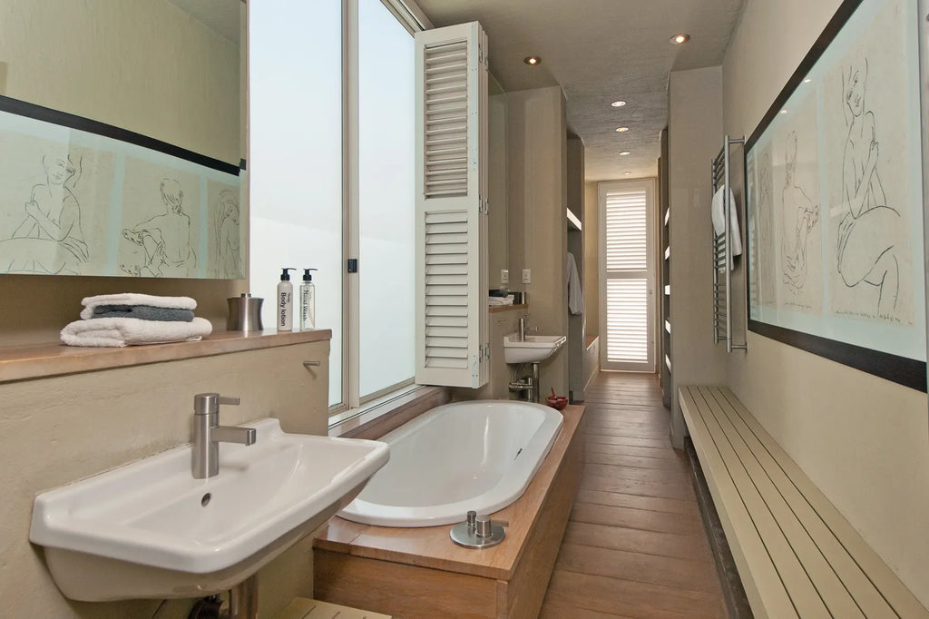 Southern right suite bathroom at Mosselberg on Grotto Beach, Hermanus, South Africa.