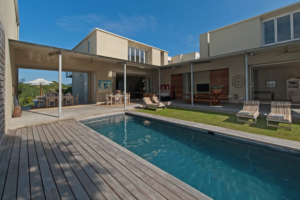 Quart yard and Pool area at Mosselberg on Grotto Beach, Hermanus, South Africa.