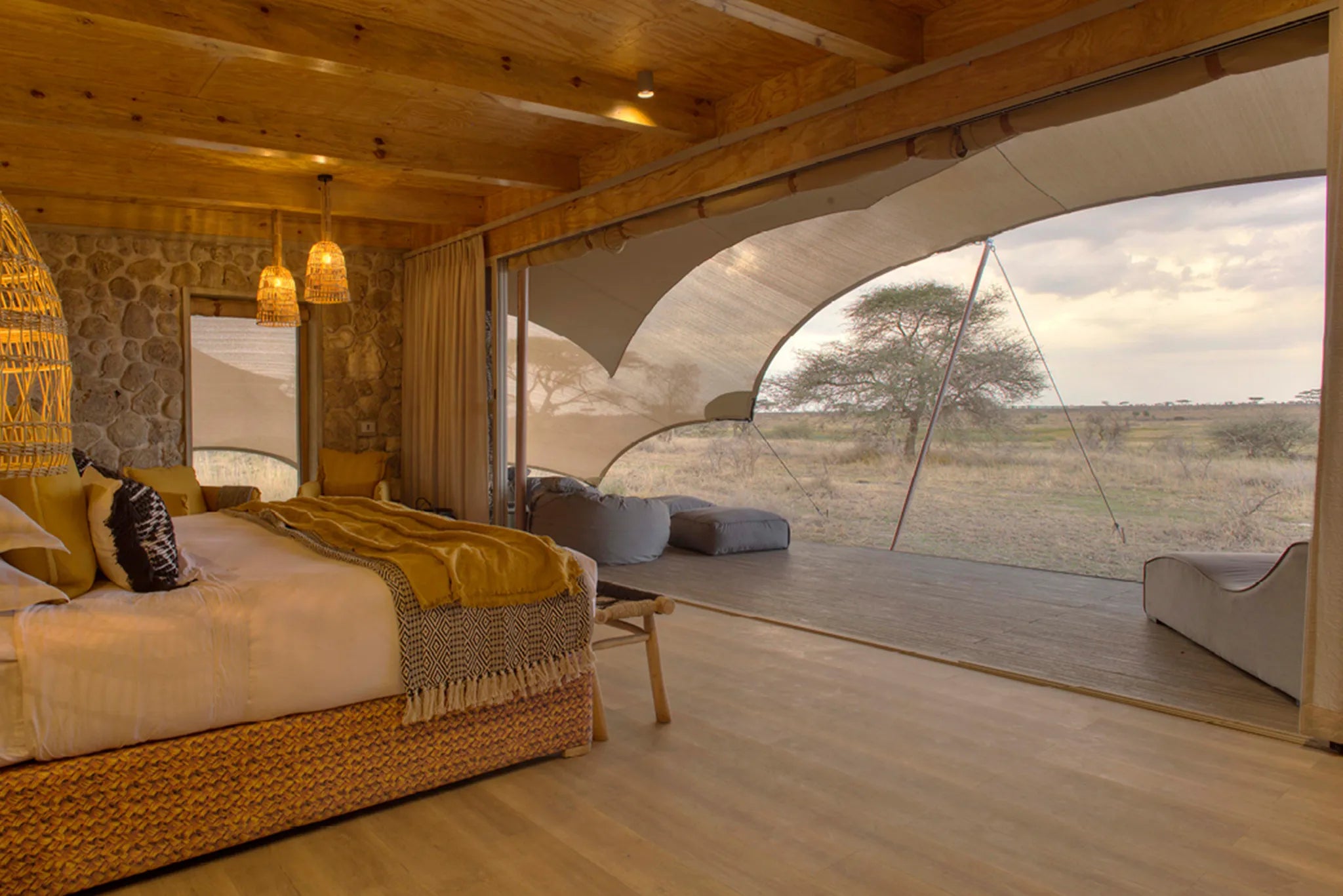 Namiri Plains - Tent Interior Looking Out On To the Plains at Namiri Plains Camp, Eastern Serengeti, Tanzania.