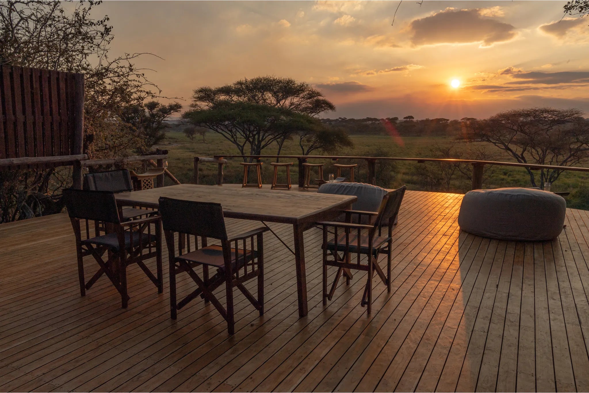 Oliver's - Main deck at sunset at Oliver's Camp, Tarangire National Park, Tanzania.