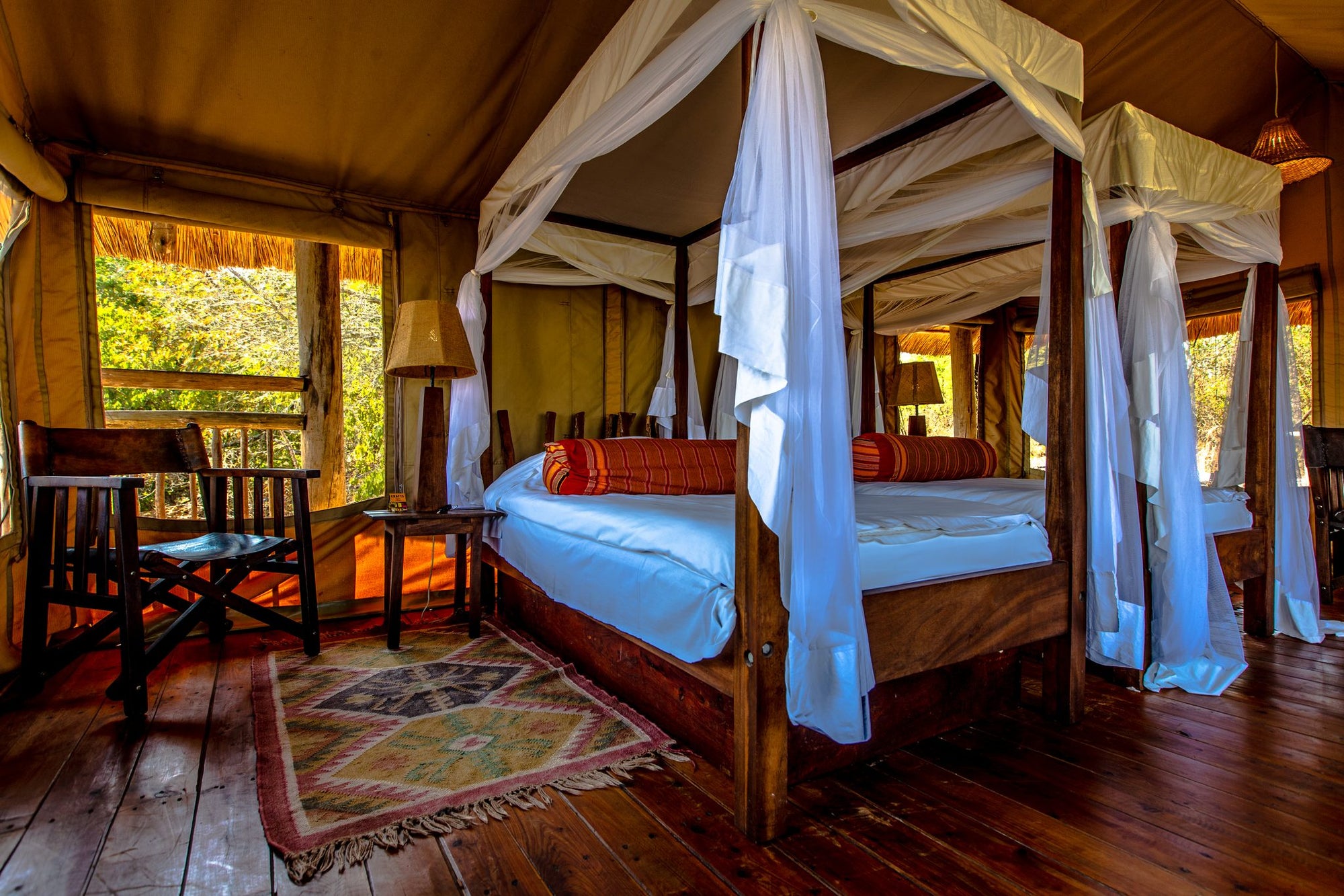 Tented Room with Thatched Roof, Wooden Floor and built Bathroom