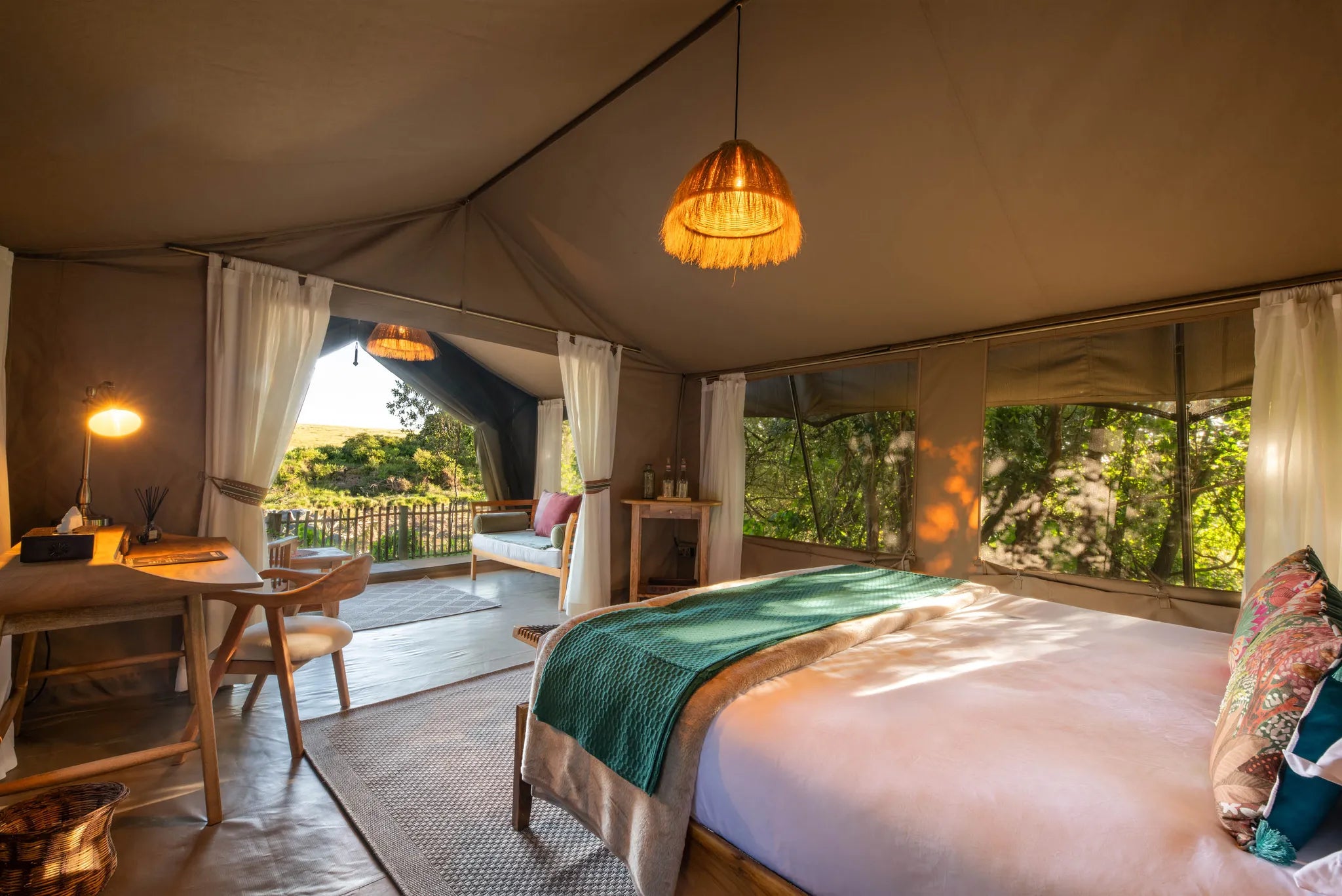 Rekero Camp - Tent Interior with a View of the River at Rekero, Masai Mara National Reserve, Kenya.