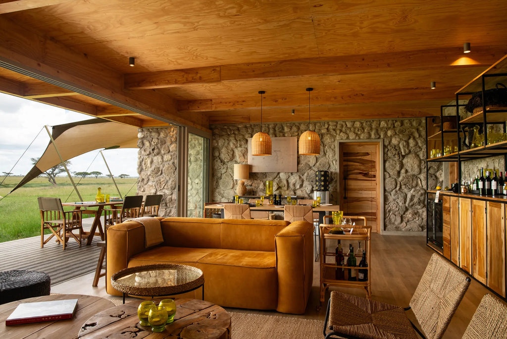 Asilia Africa - Namiri Plains Retreats - Living Room Interior & deck at Retreats at Namiri Plains, Eastern Serengeti.