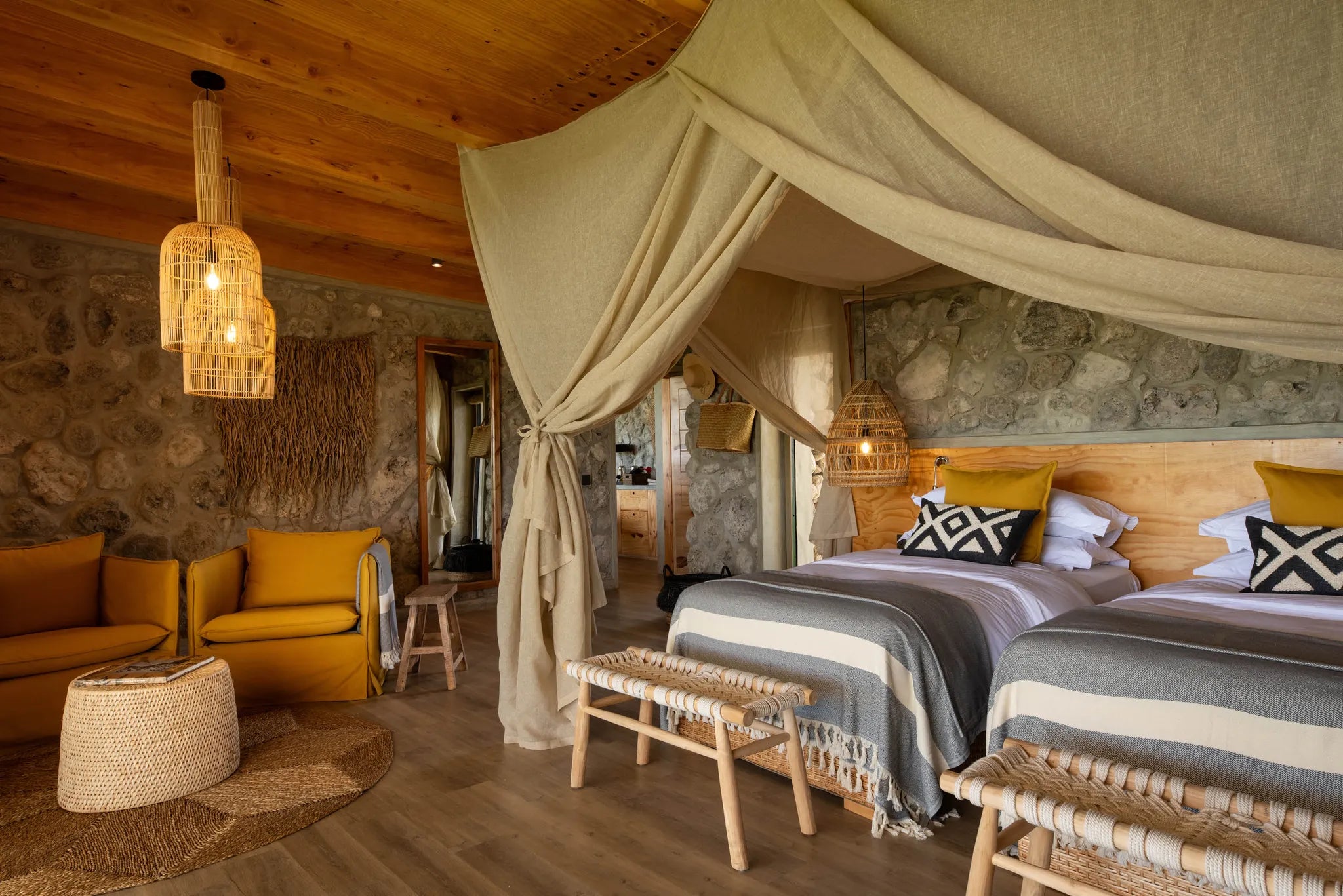 Asilia Africa - Namiri Plains Retreats - Twin Room Interior at Retreats at Namiri Plains, Eastern Serengeti.