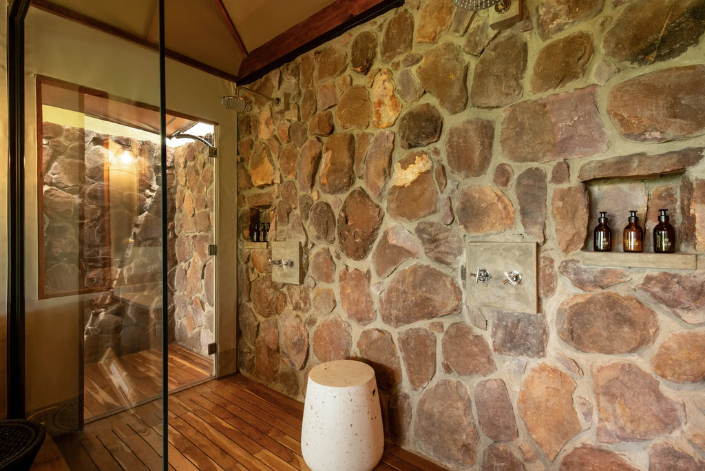 Asilia Africa - Sayari Retreat - Indoor Shower at Retreats at Sayari, Northern Serengeti, Tanzania.