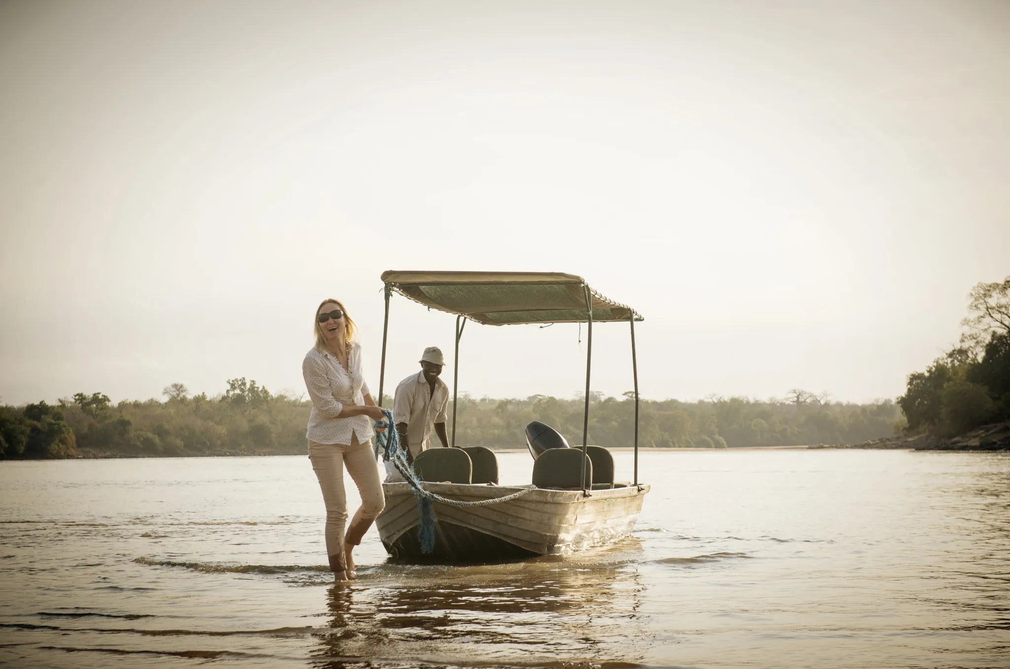 Boat breakfast at Sand Rivers Selous, Nyerere National Park, Tanzania.