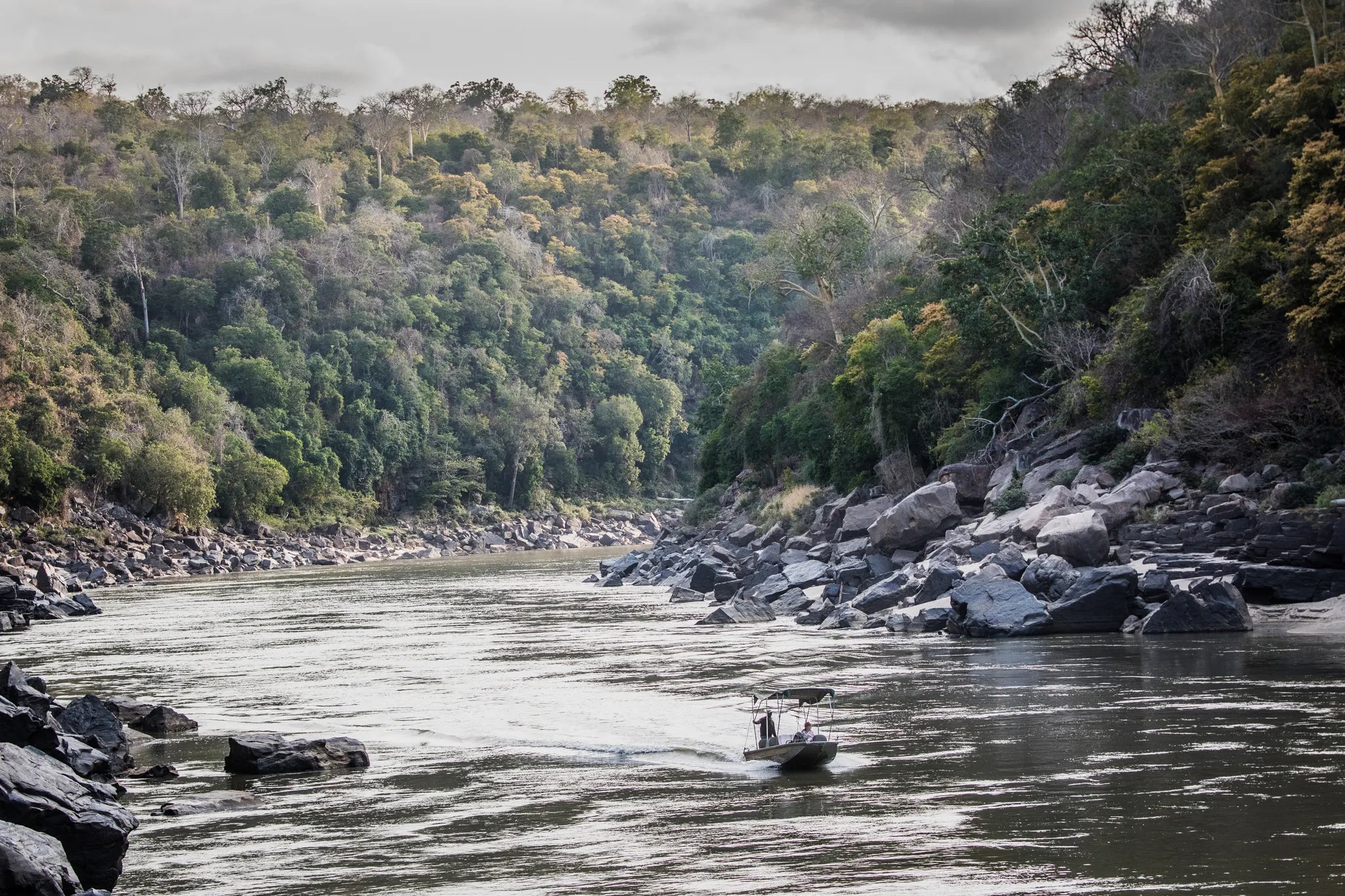 Boat safari into the gorge at Sand Rivers Selous, Nyerere National Park, Tanzania.