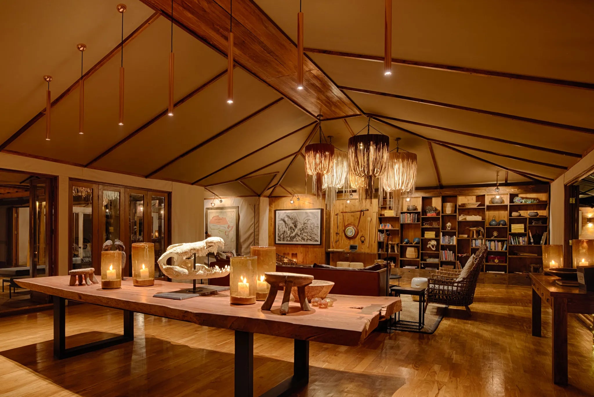 Sayari - lounge area with information about the great migration and local Kuria tribe at Sayari, Northern Serengeti, Tanza...