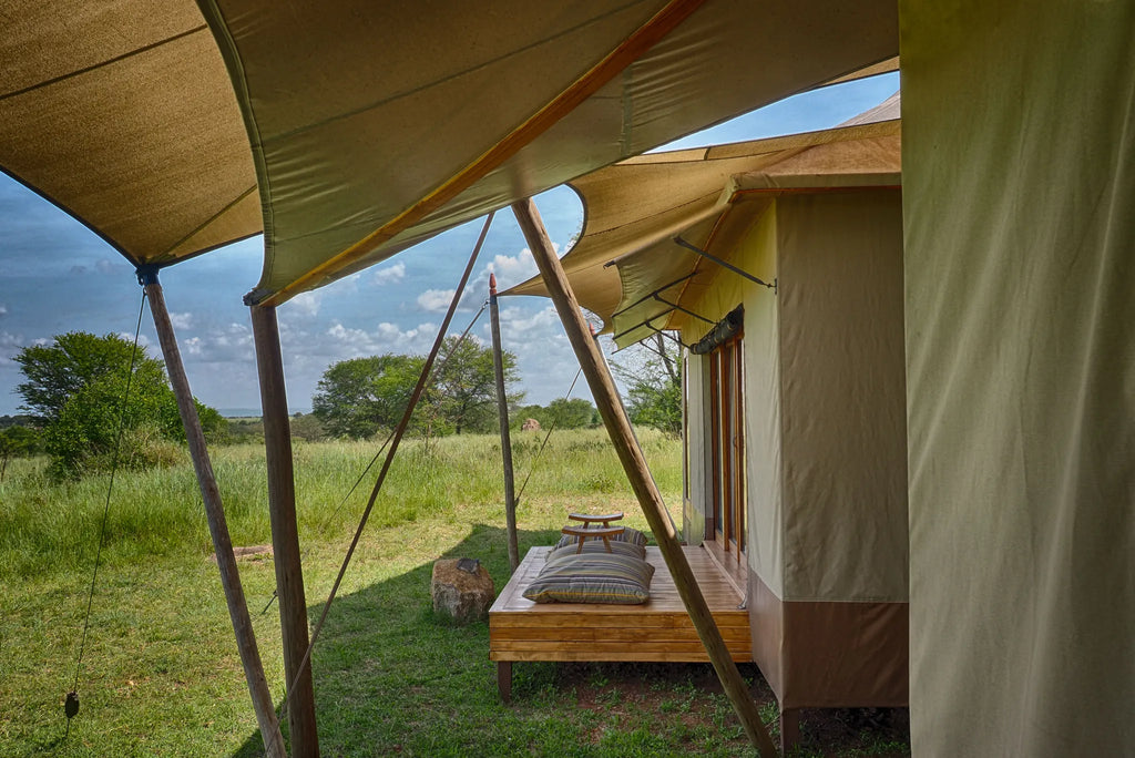 Sayari - view onto the wing of the family tent at Sayari, Northern Serengeti, Tanzania.