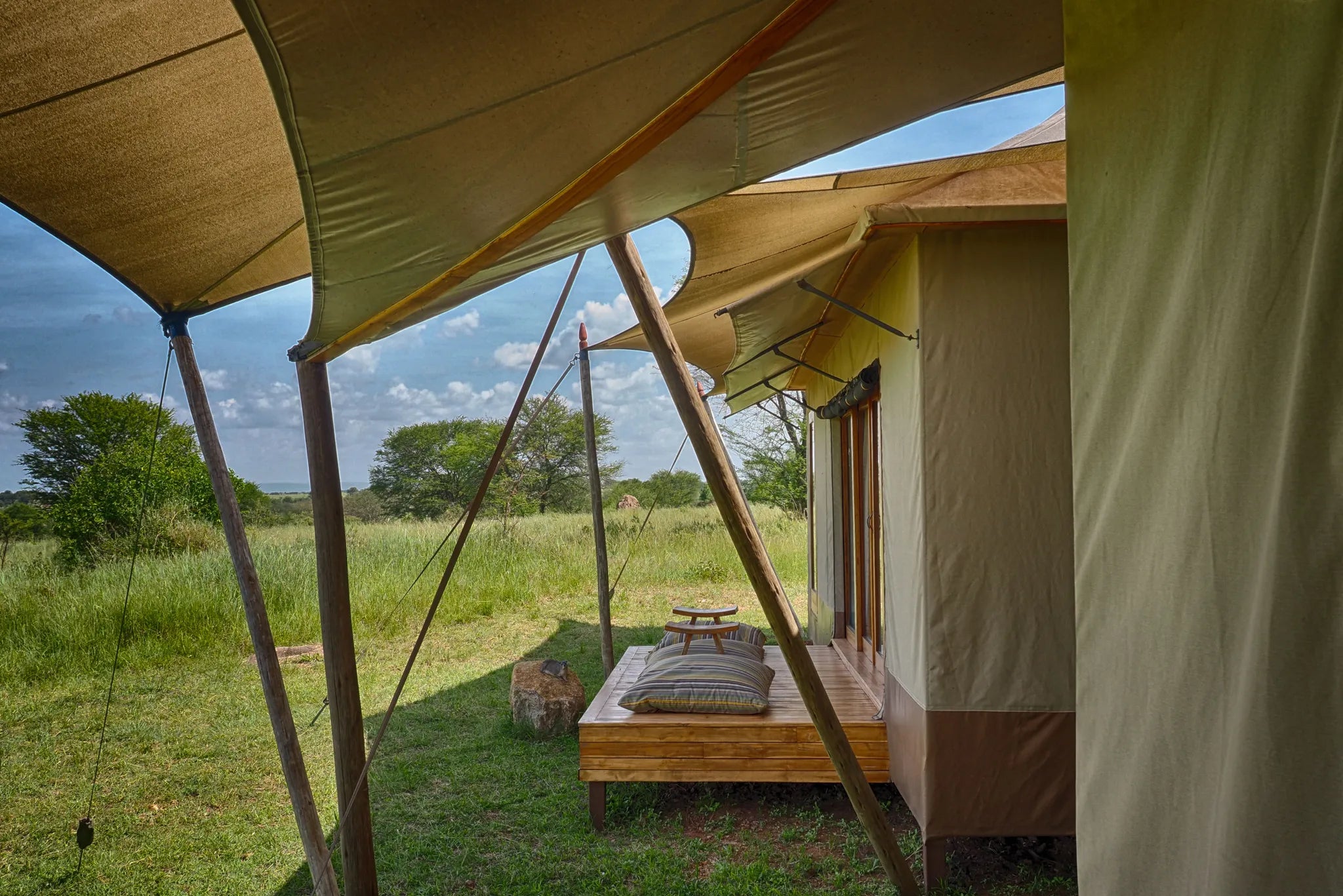 Sayari - view onto the wing of the family tent at Sayari, Northern Serengeti, Tanzania.