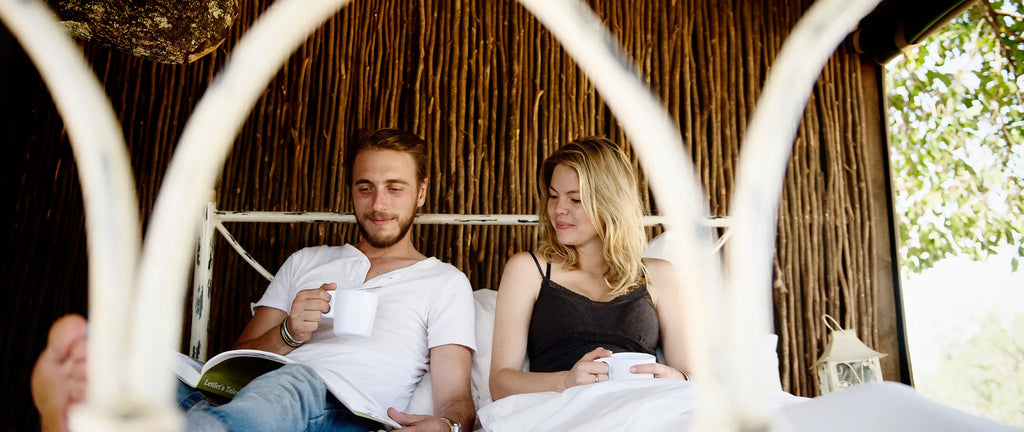 Morning coffee in bed at Serian The Nest, Mara North Conservancy, Tanzania.