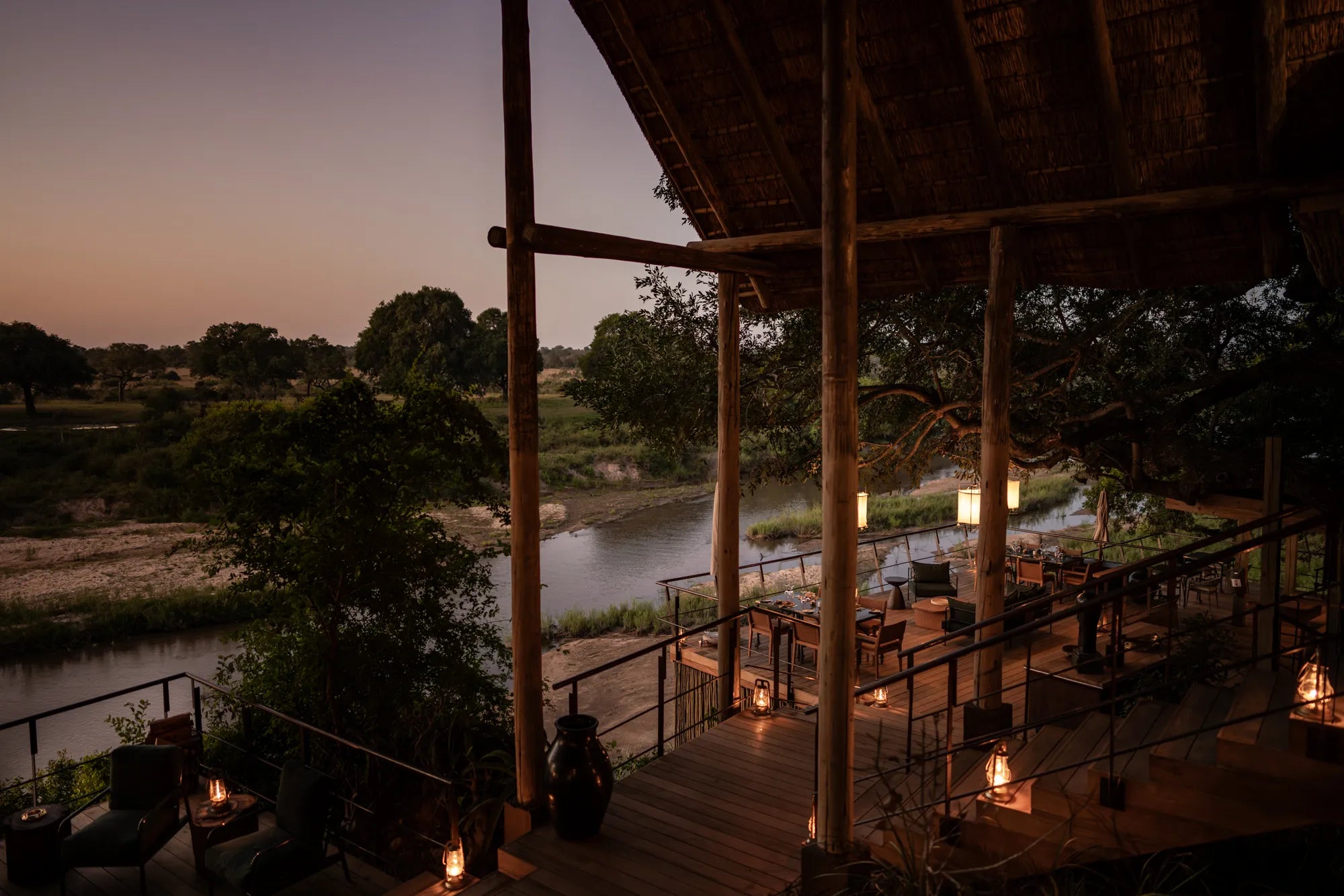 Deck at Sunset at Singita Ebony Lodge, Sabi Sand Nature Reserve, South Africa.