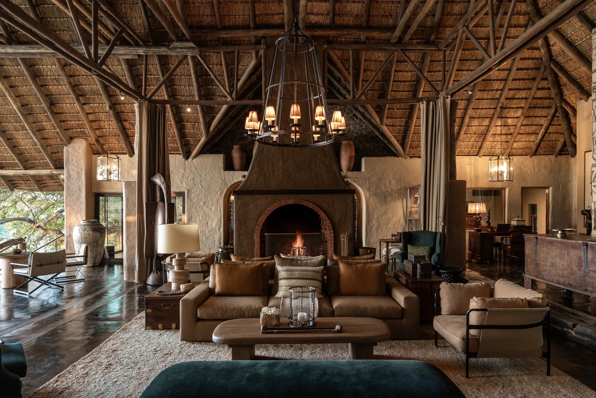 Main Lounge & Fireplace at Singita Ebony Lodge, Sabi Sand Nature Reserve, South Africa.