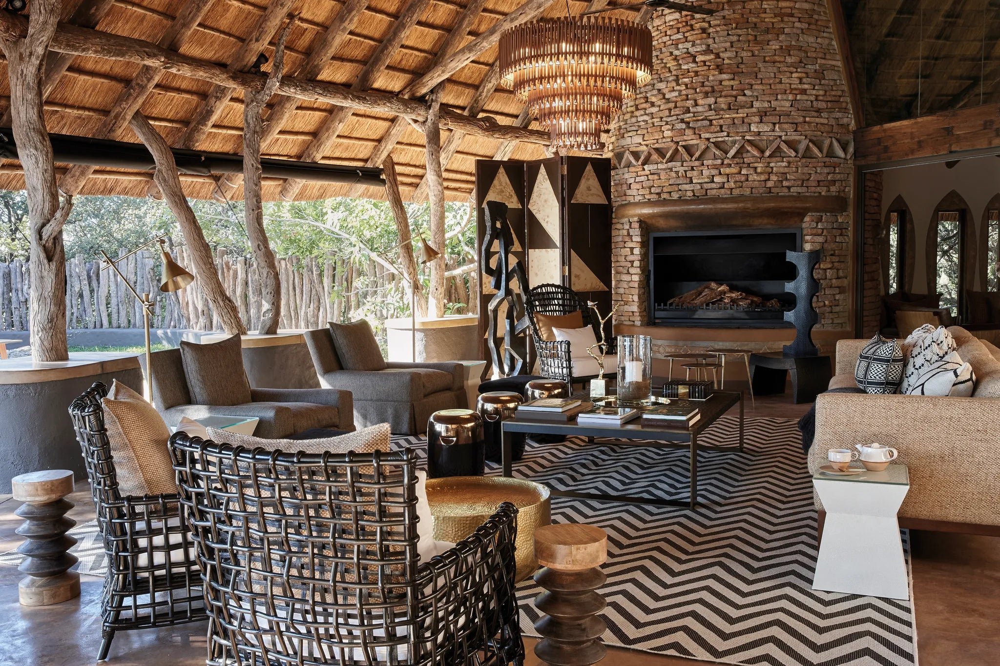 Singita Pamushana Lodge Lounge & Fireplace at Singita Pamushana Lodge, Malilangwe Wildlife Reserve, Zimbabwe.