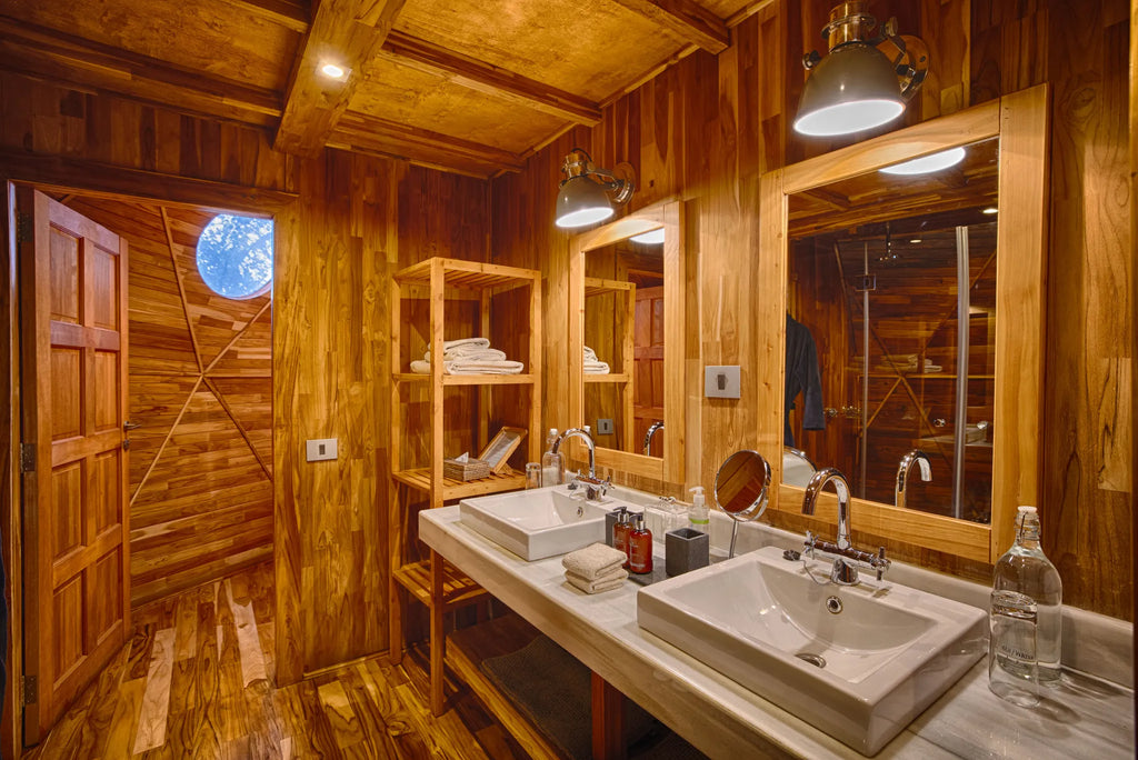The Highlands - Wood Finished Suite Bathroom with Double Vanity at The Highlands, Ngorongoro Crater, Tanzania.