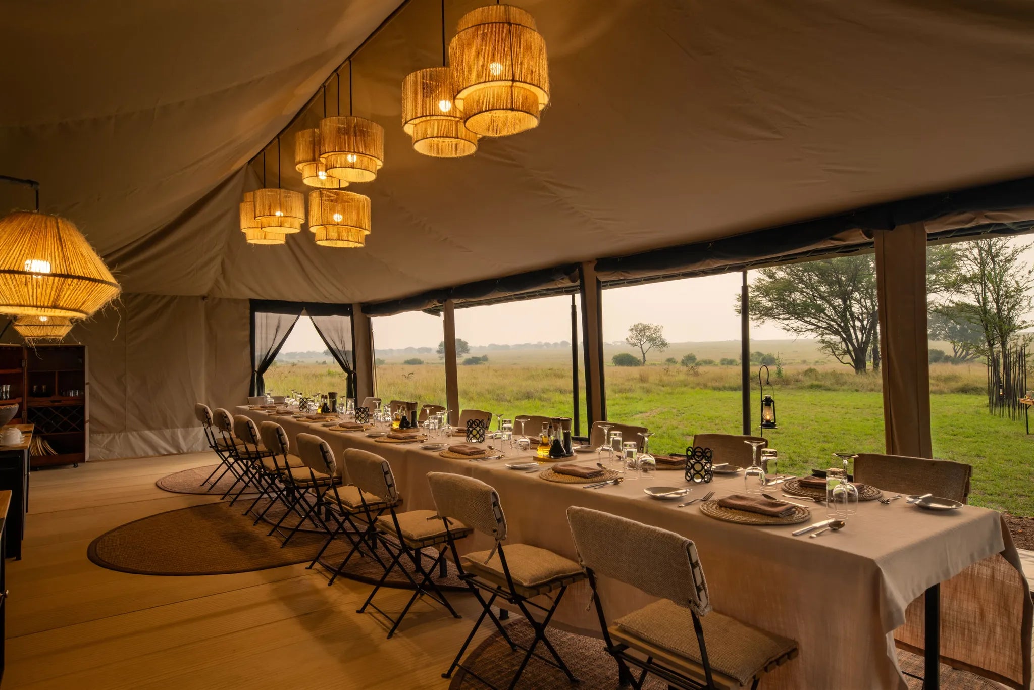 Ubuntu camp - Dinner setup at Ubuntu Migration Camp - South (Dec - Mar), Southern Serengeti, Tanzania.