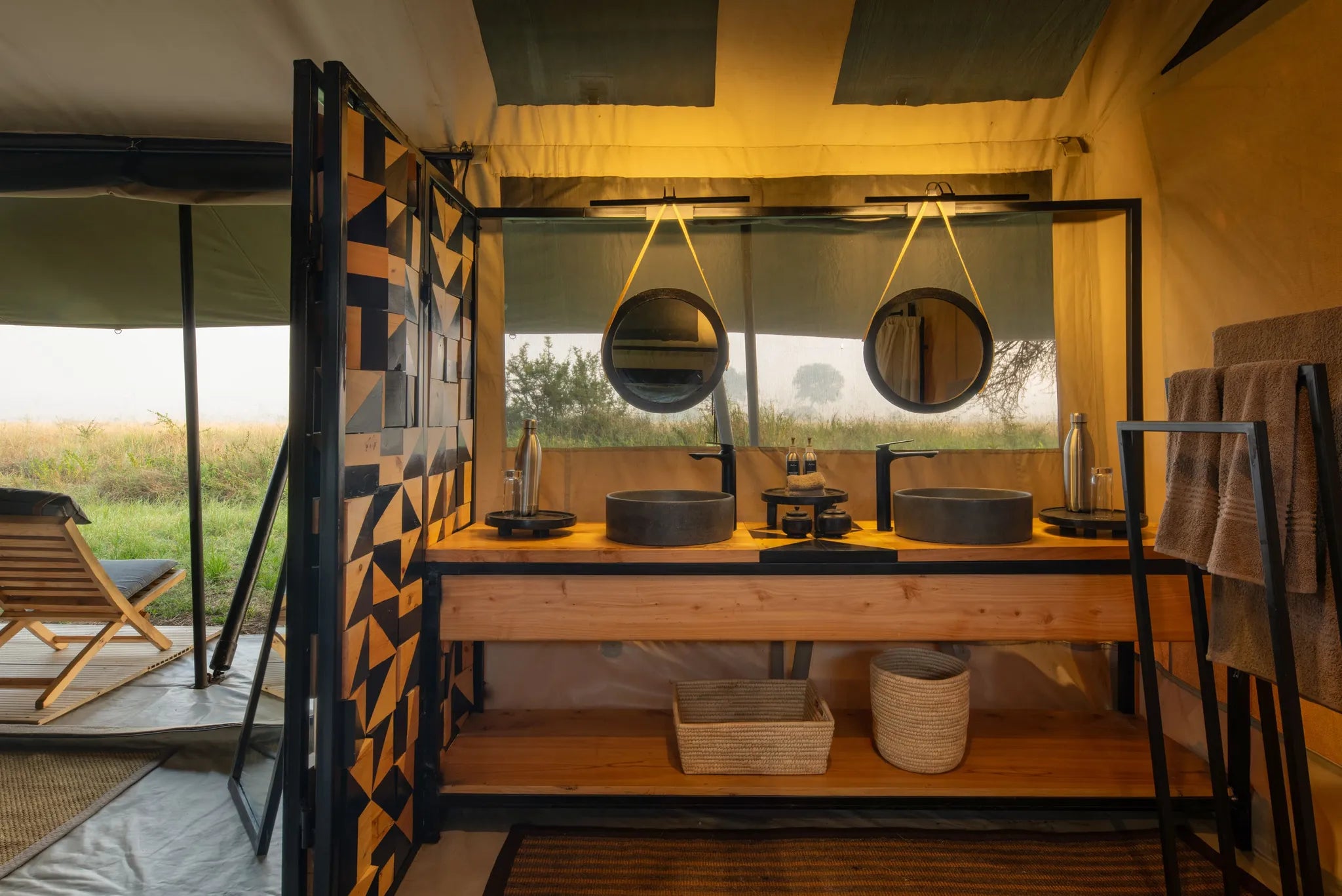 Ubuntu Camp - Double vanity in bathroom at Ubuntu Migration Camp - South (Dec - Mar), Southern Serengeti, Tanzania.
