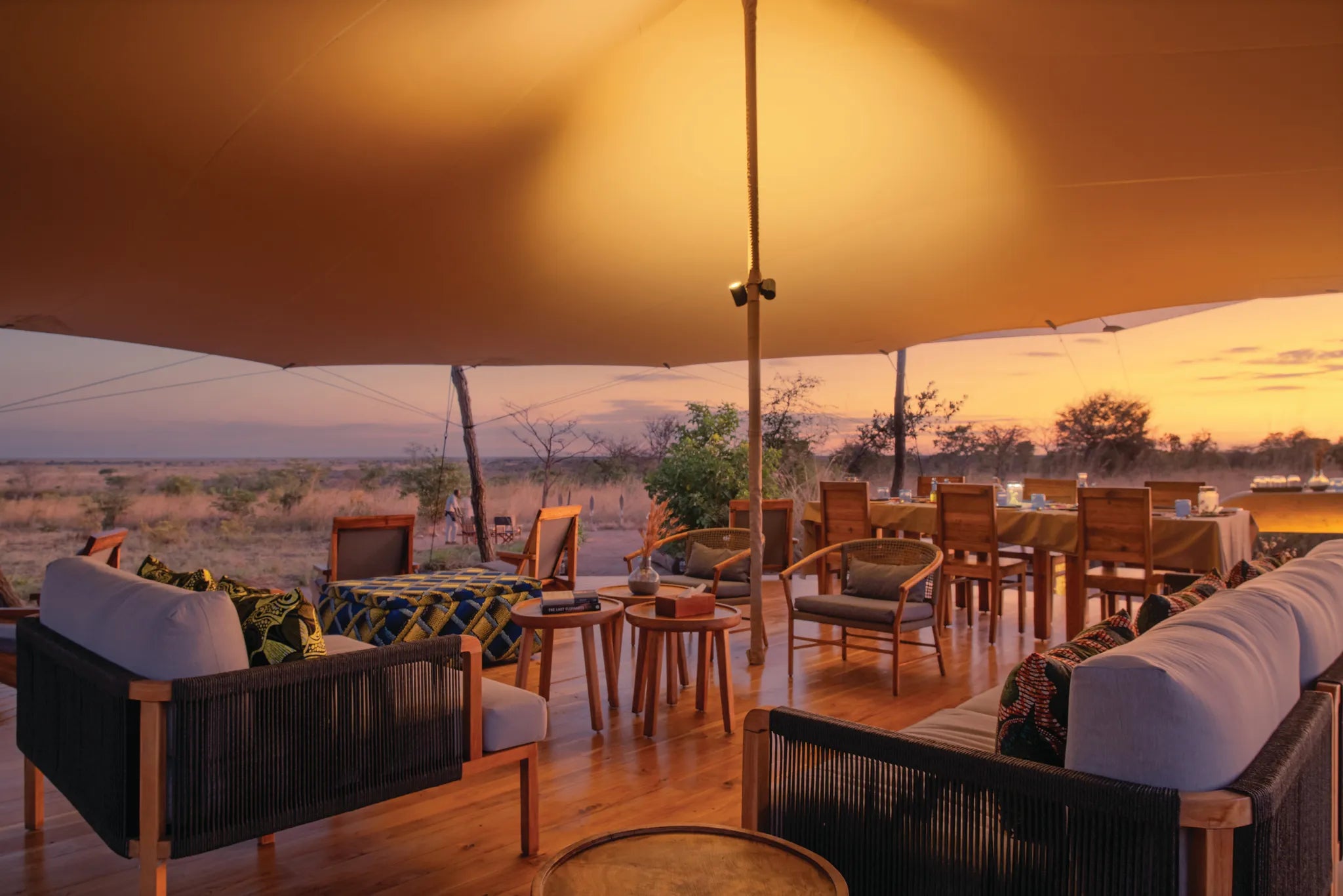 Usangu Expedition Camp - Main Area Lounge at Sunset at Usangu Expedition Camp, Ruaha National Park, Tanzania.