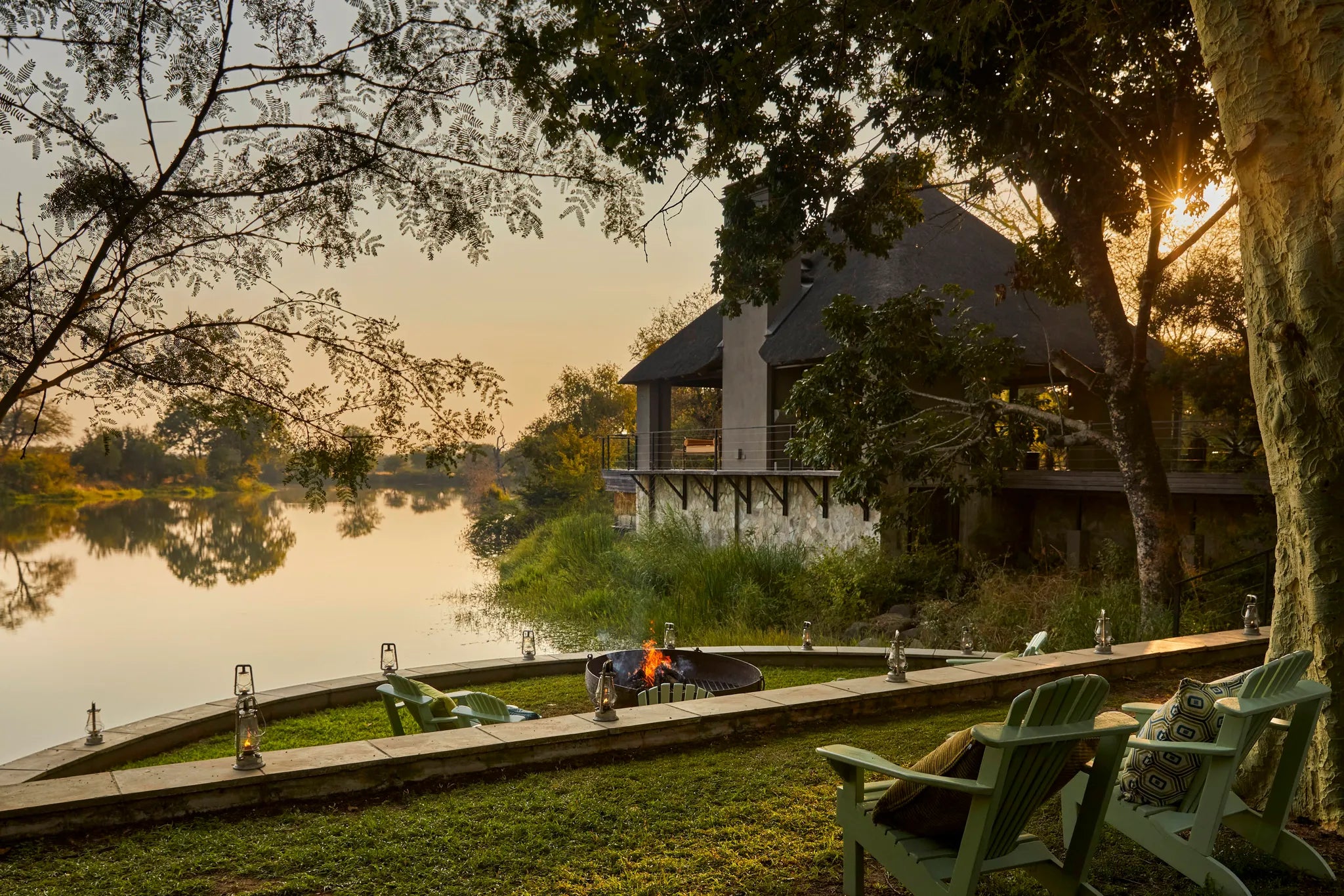 Waterside Fire Pit overlooking the waterhole at Waterside at Royal Malewane, Hoedspruit, South Africa.