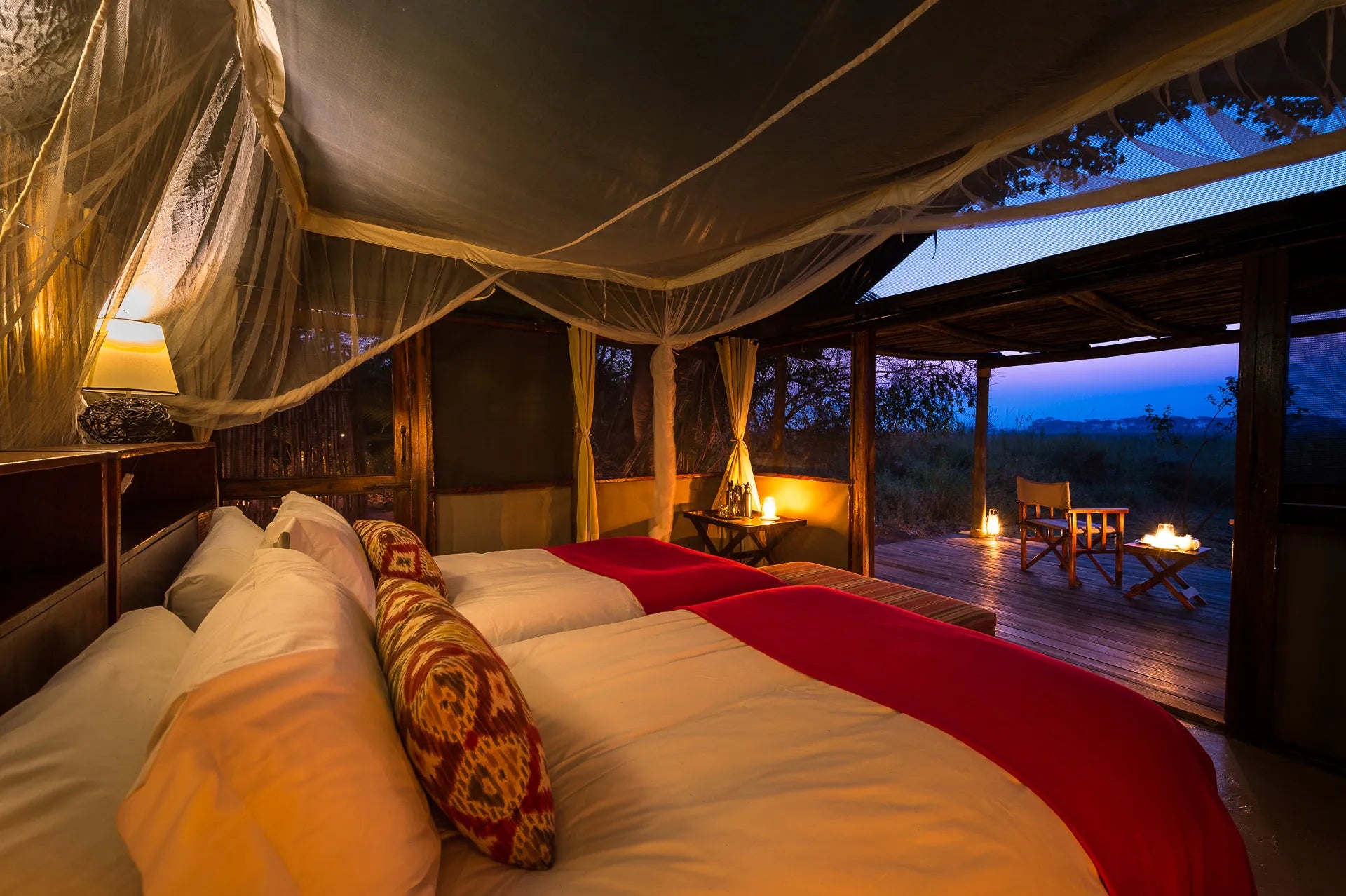 Busanga Bush Camp at Wilderness Busanga Bush Camp, Northern Kafue, Zambia.