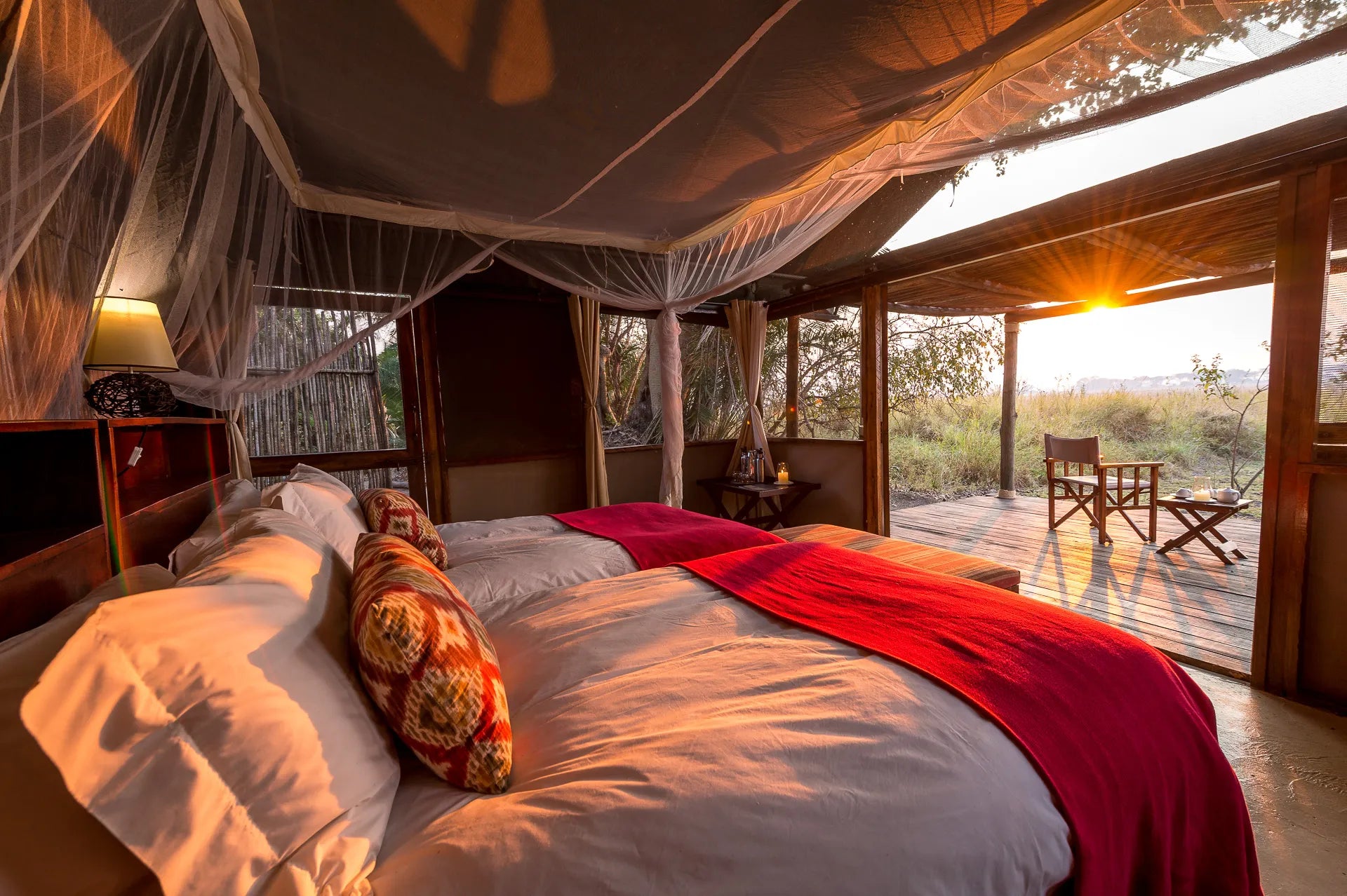Busanga Bush Camp at Wilderness Busanga Bush Camp, Northern Kafue, Zambia.