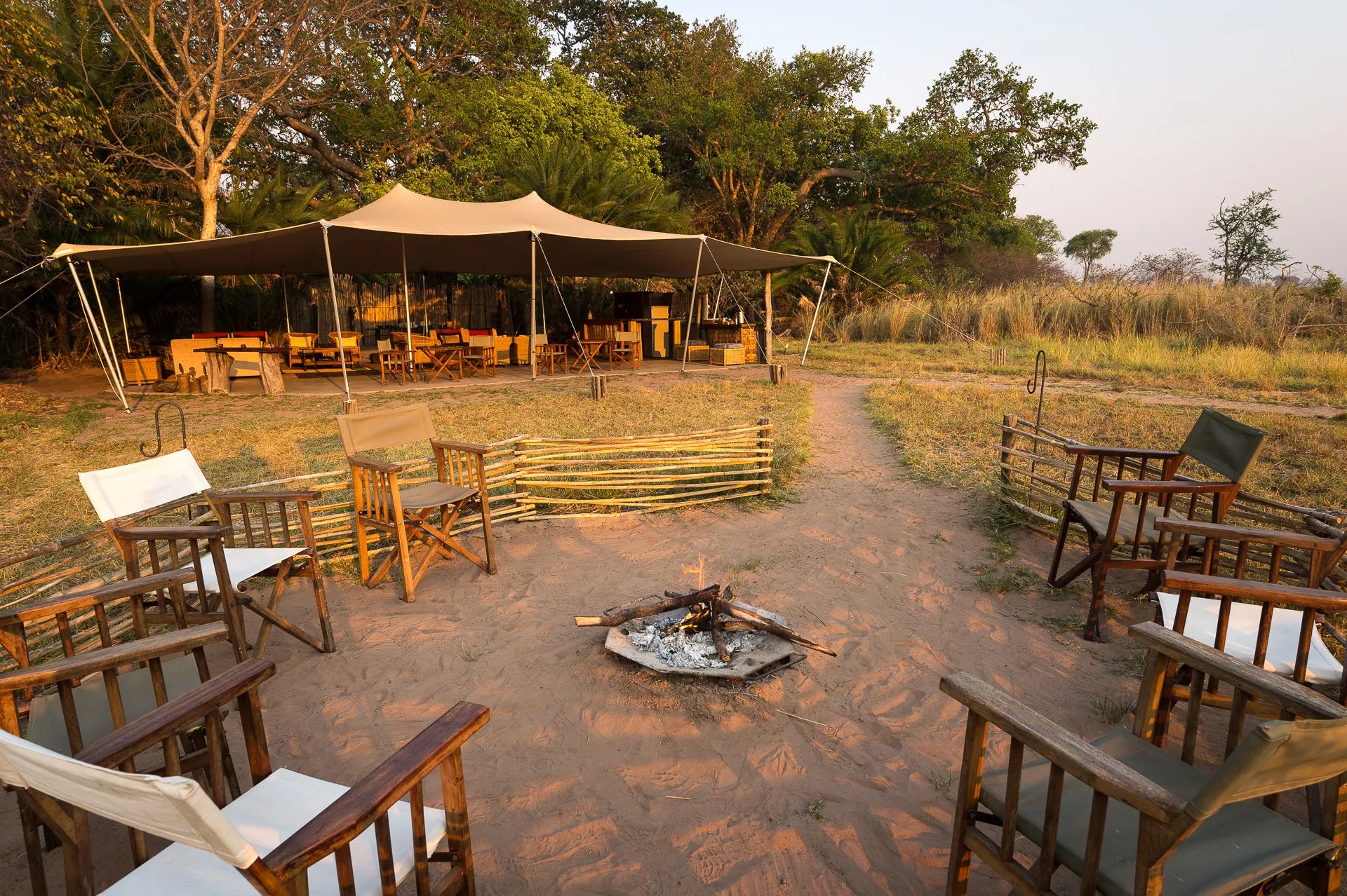Busanga Bush Camp at Wilderness Busanga Bush Camp, Northern Kafue, Zambia.