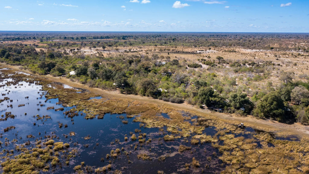 Areal view of Zarafa Camp at Zarafa Camp, Selinda Reserve, Botswana.
