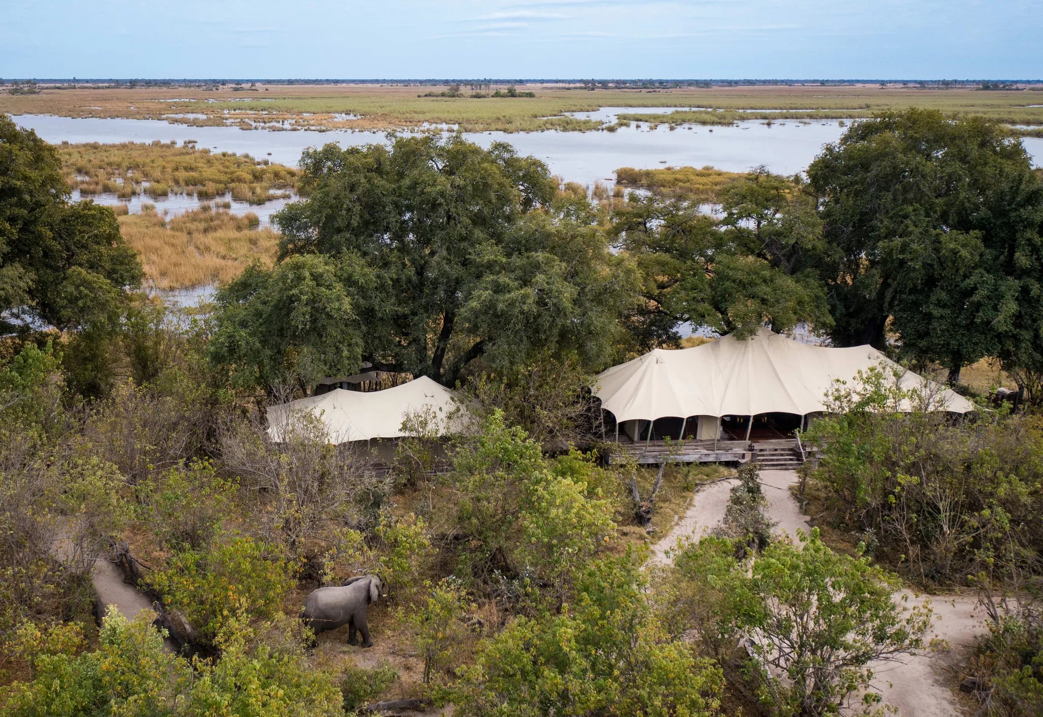 Zarafa Camp overlooking the Zibadianja Lagoon at Zarafa Camp, Selinda Reserve, Botswana.