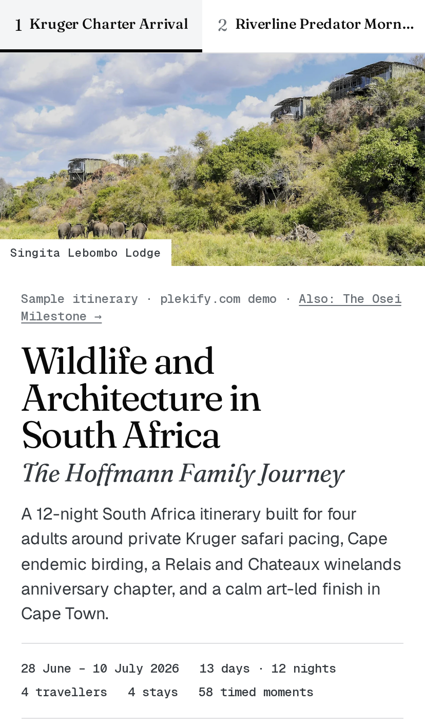 The opening of the Hoffmann itinerary page on Plekify: a safari lodge above the bush, the trip title, and a row of trip facts — dates, days, nights, travellers, stays.