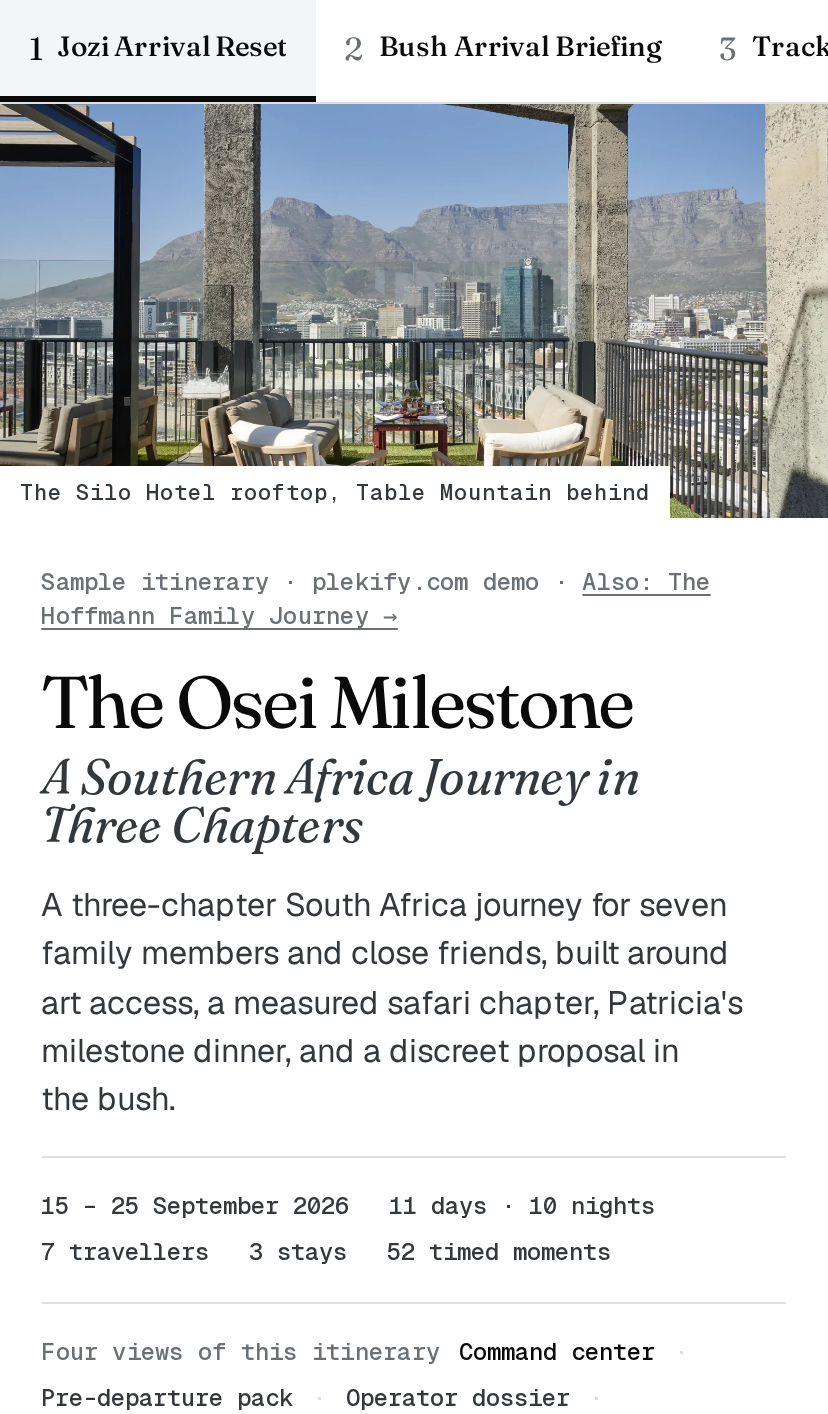 The opening of the Osei itinerary page on Plekify: a lodge glowing at dusk, the trip title, and a row of trip facts — dates, days, nights, travellers, stays.