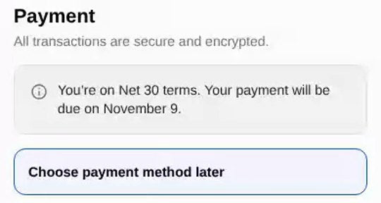 Shopify checkout payment section reading: You're on Net 30 terms. Your payment will be due on November 9. Choose payment method later.
